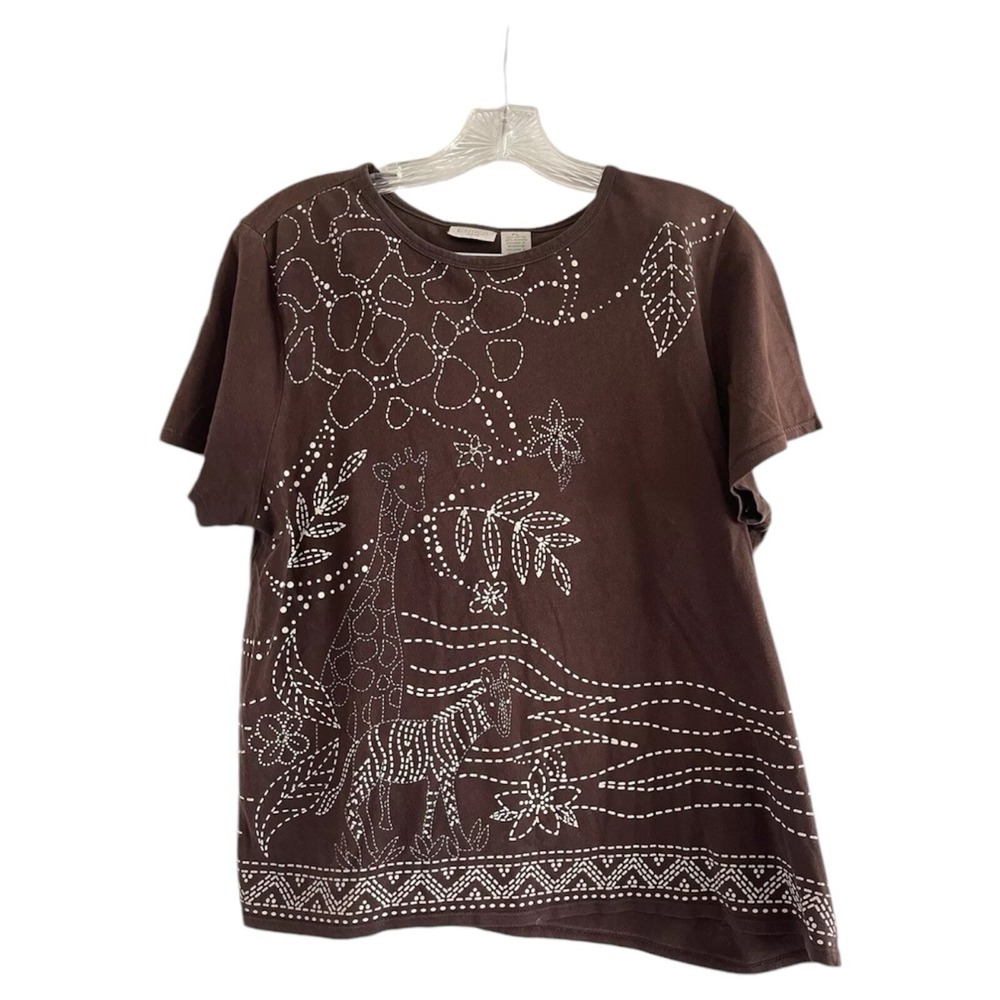 ERIKA Women Brown Africa Themed Graphics‎ Embellished T-Shirt Tee (PETITE LARGE)